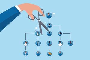 Downsizing or layoff employee, contract termination, loss job from redundancy, dismissal workforce, restructure company, unemployed or outsourcing, businessman hand cut job from organization chart. vector