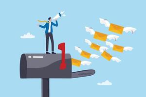 Email communication, subscribe newsletter, sending online envelope e-mail to user mailbox, digital inbox marketing engagement, send or receive notification, envelope email flying to mailbox. vector