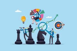 Strategy management, success planning or solution development, business improvement or growth analysis, intelligence insight information, business people help analyze strategy management chess pieces. vector