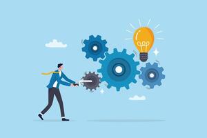 System development, innovation to get idea, solution or improvement, efficiency, effort or working progress, automation concept, businessman turning cogwheel to help system get new lightbulb idea. vector