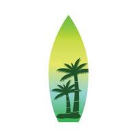green surfboard with illustrations of palm trees and coconut trees vector