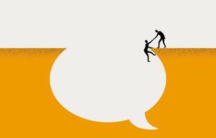 Businessman pulling friend to up from cliff of speech bubble, advice to help business concept, minimal business design. vector