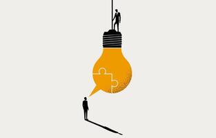 Businessman helping colleague to complete light bulb with thought bubble puzzle, teamwork and creativity concept, minimal business design. vector