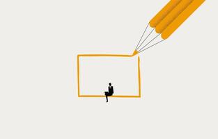 Businessman working in a large pencil drawn frame, working framework concept, minimal business design. vector