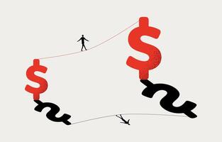 Businessman walking acrobatically on tightrope from small to big dollar signs, risk of investing to get high profit concept, minimal business design. vector