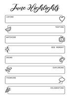 June Highlights Summer Journal Printable Planner Page Template, Illustration, A4 and A5 Sizes, Hand Drawn Doodle Style. Planner pages bullet journal A5 A4 format vector