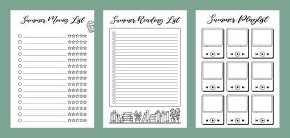 Movies, Reading, Playlist Set Summer Journal Printable Planner Page Template, Illustration, A4 and A5 Sizes, Hand Drawn Doodle Style. Planner pages bullet journal A5 A4 format vector