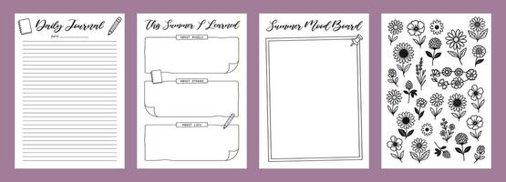 Set Summer Journal Printable Planner Page Template, Illustration, A4 and A5 Sizes, Hand Drawn Doodle Style. Planner pages bullet journal A5 A4 format vector