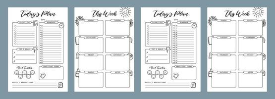Week and daily plan Set Summer Journal Printable Planner Page Template, Illustration, A4 and A5 Sizes, Hand Drawn Doodle Style. Planner pages bullet journal A5 A4 format vector