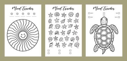 Mood tracker Set Summer Journal Printable Planner Page Template, Illustration, A4 and A5 Sizes, Hand Drawn Doodle Style. Planner pages bullet journal A5 A4 format vector