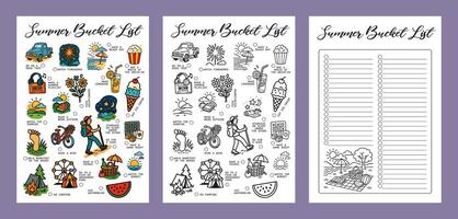 Summer bucket list Set Summer Journal Printable Planner Page Template, Illustration, A4 and A5 Sizes, Hand Drawn Doodle Style. Planner pages bullet journal A5 A4 format vector