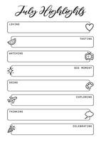 July Highlights Summer Journal Printable Planner Page Template, Illustration, A4 and A5 Sizes, Hand Drawn Doodle Style. Planner pages bullet journal A5 A4 format vector