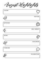 August Highlights Summer Journal Printable Planner Page Template, Illustration, A4 and A5 Sizes, Hand Drawn Doodle Style. Planner pages bullet journal A5 A4 format vector