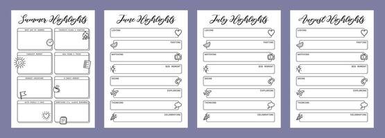 Highlights Set Summer Journal Printable Planner Page Template, Illustration, A4 and A5 Sizes, Hand Drawn Doodle Style. Planner pages bullet journal A5 A4 format vector