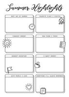 Summer Highlights Journal Printable Planner Page Template, Illustration, A4 and A5 Sizes, Hand Drawn Doodle Style. Planner pages bullet journal A5 A4 format vector