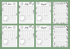 Calendar Set Summer Journal Printable Planner Page Template, Illustration, A4 and A5 Sizes, Hand Drawn Doodle Style. Planner pages bullet journal A5 A4 format vector