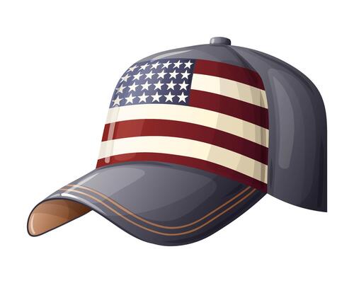 Cap patriotic illustration with American flag in cartoon style. Baseball hat graphic design with star and strips for 4th july party. Perfect for Independence day template and tshirt design.