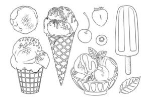 Ice Cream set with waffle cone cup and popsicle. Hand drawn food illustration. Line art graphic of sweet dessert in the sketch style perfect for menu or product creation and package design. vector