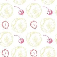Seamless pattern of ice cream with strawberry and cherry. Hand drawn background. Line art graphic of sweet berries in the sketch style perfect for menu or product creation and package design. vector