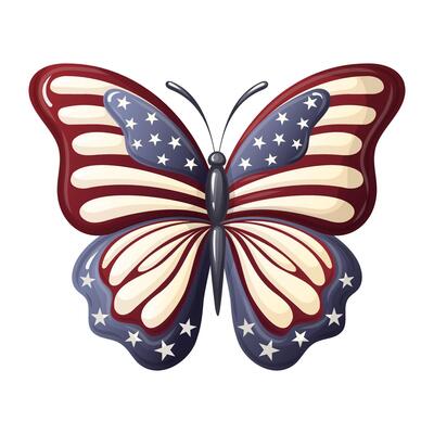 Butterfly patriotic illustration with american flag color wing in cartoon style. Colorful graphic design with stars and strips for 4th july party. Perfect for Independence day tshirt design.