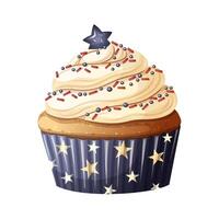 Cupcake patriotic illustration with american flag color cream in cartoon style. Colorful graphic design with star and sprinkles for 4th july party. Perfect for Independence day tshirt design. vector
