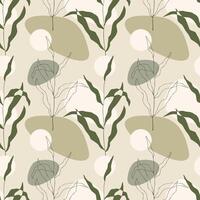 Botanical pattern in boho style with plant ornament of branches with leaves and smooth harmonious forms in soft green pastel colors. For home interior, wallpaper, packaging, wrapping. vector
