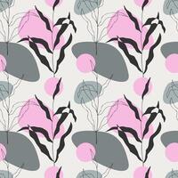 Pink and gray. Plants pattern in boho style with branches with leaves and abstract smooth harmonious forms in soft light pastel colors. For home interior, wallpaper, packaging, wrapping. vector