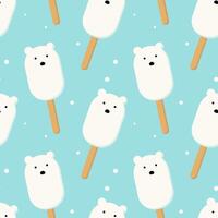Ice cream in shape of white Polar Bear, ice cream on stick, seamless pattern on blue background. vector