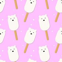 Ice cream in shape of white Polar Bear, ice cream on stick, seamless pattern on pink background. vector