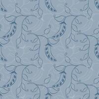 Blue pattern with seed pods, botanical background, legume pods, outline drawing of branches leaves and seeds. vector