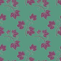 Grape vine with leaves pattern, burgundy vine silhouette on turquoise green background. vector