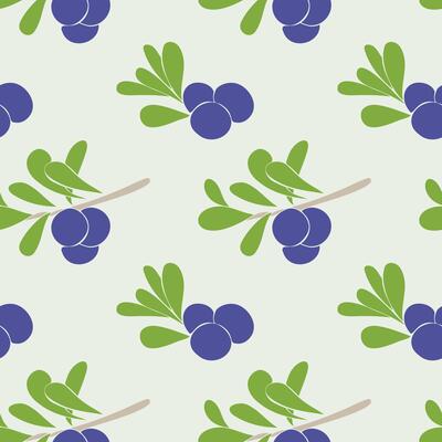 Blueberry pattern with branches, leaves and blue berries on light green background