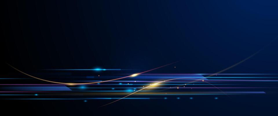 Abstract neon light, pattern line and space. Purple, blue, green, gold with gradient color background. Illustration graphic design for banner, background. Energy digital technology concept