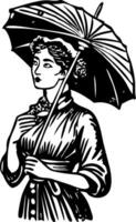 A vintage style icon showing a person holding umbrella vector