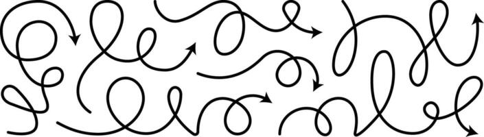 Arrow line set, curved shape doodle brush element arow. Squiggly scribble direction up down abstract pointer. Change plan abstract stroke graphic sign. Curly circle looped spiral swirl map path vector