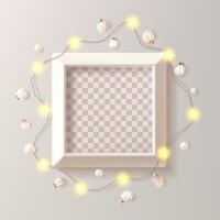 Square photo frame 3d render on light bg. White picture flat lay mock up, festive decor of star light bulbs and ornate balls. Realistic festoon on painting gallery, empty border shadow, copy space. vector