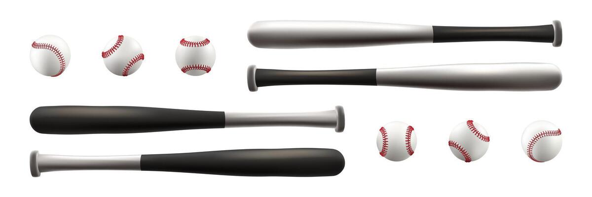 Baseball ball and bat. 3d white softball, vintage player mitt, wood line stick. Logo base equipment illustration. Catch flyer american field sport. Red texture sweepstakes. isolated clipart
