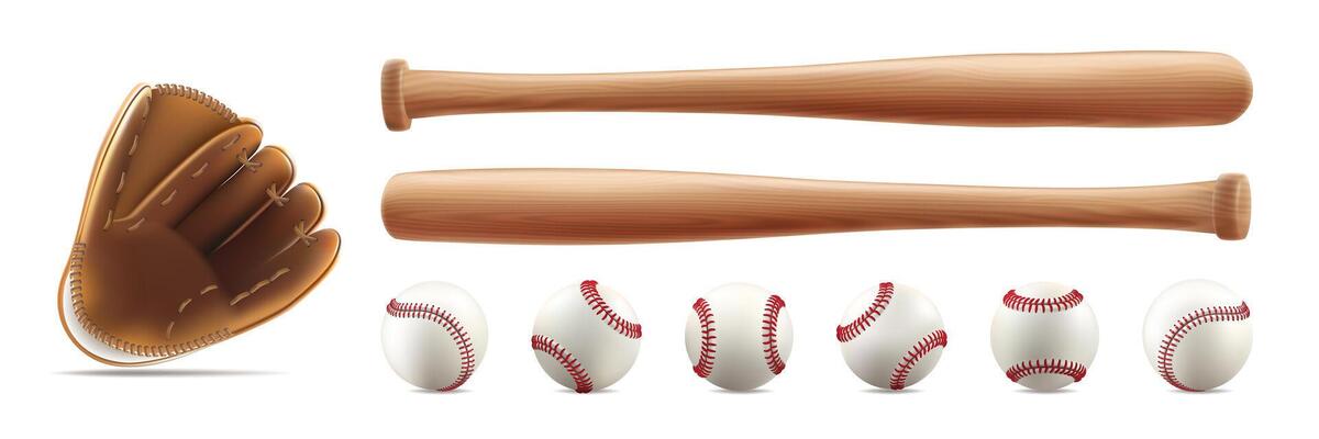 Bat ball and glove-baseball clipart. 3d player equipment set. Vintage isolated team logo mockup. Wooden steel stick, white softball, leather mitt base element texture. Pitcher sweepstakes tool
