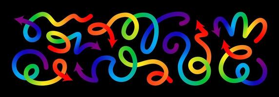 Abstract line shape, color gradient arrows. 3d curve wave pattern, happy birthday fluid confetti. Liquid paint spiral, swirl squiggle path, dynamic stroke, fun kid ribbon. Carnival celebrate flow vector