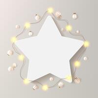 Star picture frame on beige bg, decorated with balls, glowing garland. White empty Christmas card mock up, festive greeting border, winter party invitation. Neutral decorative gallery leaflet vector