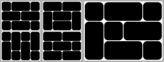 Collage grid mosaic. Template for photo bento box layout. Brutalist shape post design, Image poster montage board. Abstract brochure rounded square circle gallery. modular album geometric page vector