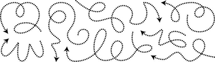 Squiggly dotted arrow. Dashed curved line arow set. Rise and fall change plan, doodle shaped pointer map element. 3d dynamic curly direction loop scribble. Abstract long spiral waving chart vector