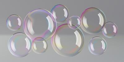 Soap bubbles in water, 3d background. White reflections on big spheres and pink circles blown by wand. Rainbow iridescent round shaped ball. Glass mirror foam flare in air vector