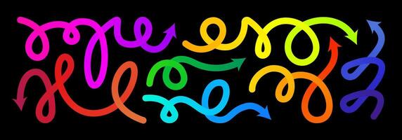 Squiggly arrow gradation, gradient line set. Curved carnival change icon. Rise pattern, doodle shape brush element. 3d dynamic multi colored curly loop spiral strokes. Abstract twirl bold paint vector
