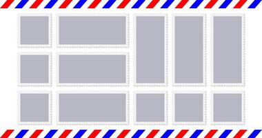 Postage stamp set. Postcard vintage seal, post letter. Postcard sticker. Paper mail envelope, old travel mark. Square rectangular shape, vintage jagged. Perforated edges, air delivery border vector