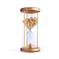 Golden coins to sand hourglass. Budget timer 3d icon. Time flow in glass bulb. Sandglass countdown. Abstract realistic game deadline. Geometric flowing modern half passed period vector