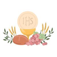 Composition of Christian symbols, attributes of the first communion. vector