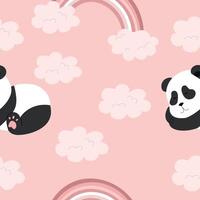 Pink pattern with panda and rainbow. vector