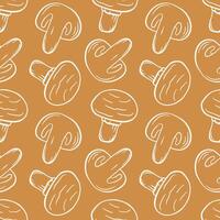 Champignon mushroom seamless pattern in line art style. Great for menu, label, packaging, recipe. illustration on a brown background. vector