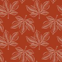 Chestnut autumn leaf seamless pattern in line art style. Design for seasonal wallpaper, package a red background. vector